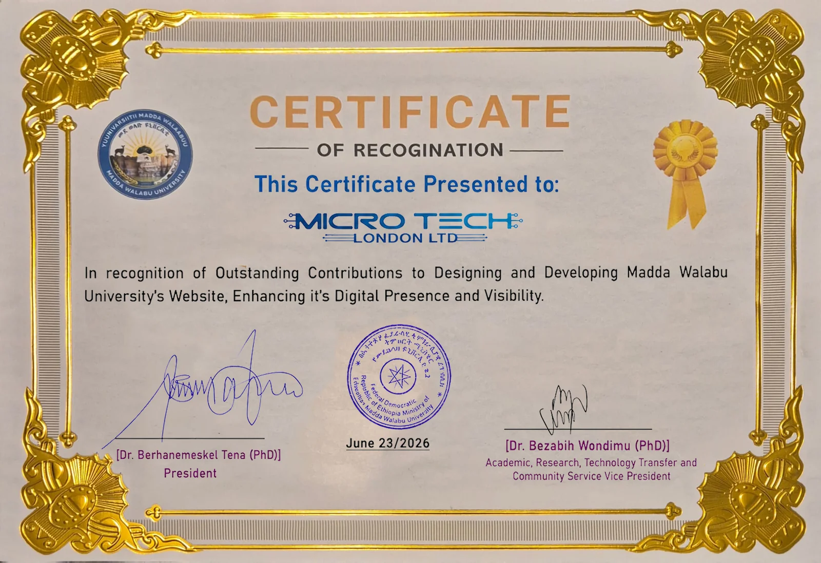 Certificate of Appreciation awarded to Micro Tech London