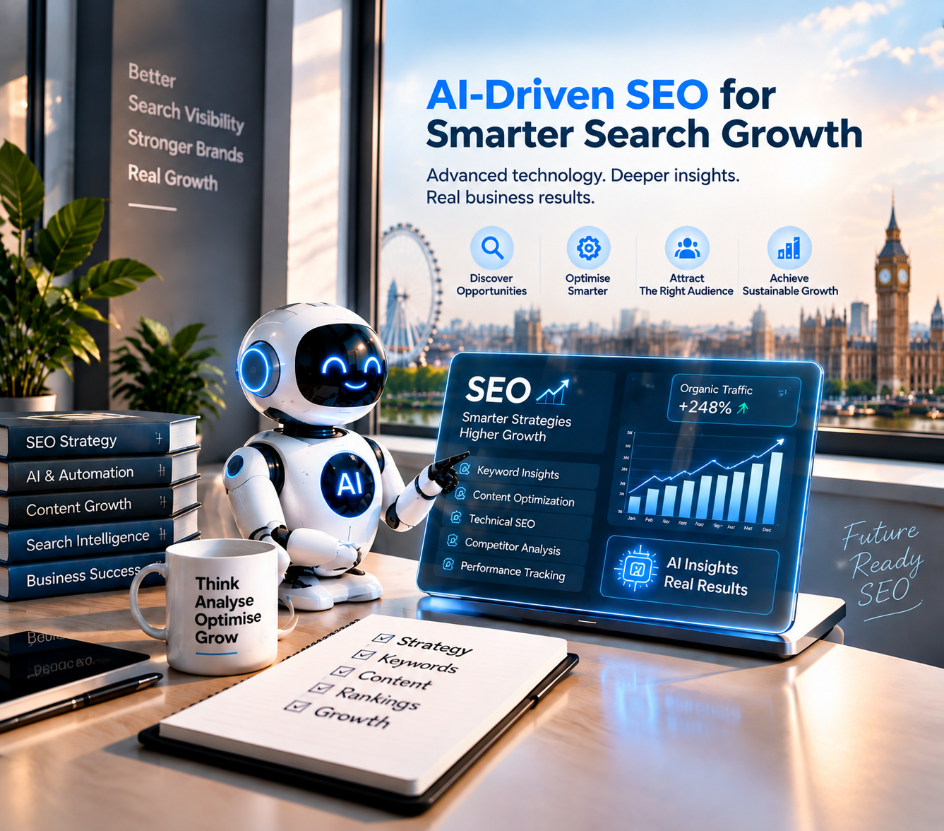SEO analytics strategy overlooking central London